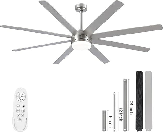 YUHAO 72 Inch Brushed Nickel Ceiling Fan with Light and Remote Control.Noiseless,Dimmable,3CCT,6 Speeds Reversible, DC Ceiling Fans for Indoor or Covered Outdoor