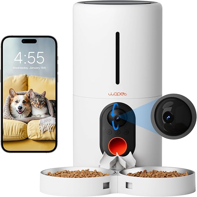 WOPET Automatic Cat Feeder with Camera for Two Cats, 6L Automatic Dog Feeder with HD Video and Night Vision, 5G/2.4G WiFi Pet Feeder for Cats & Dogs, SD Card Storage & 2-Way Audio-Mewly Pet