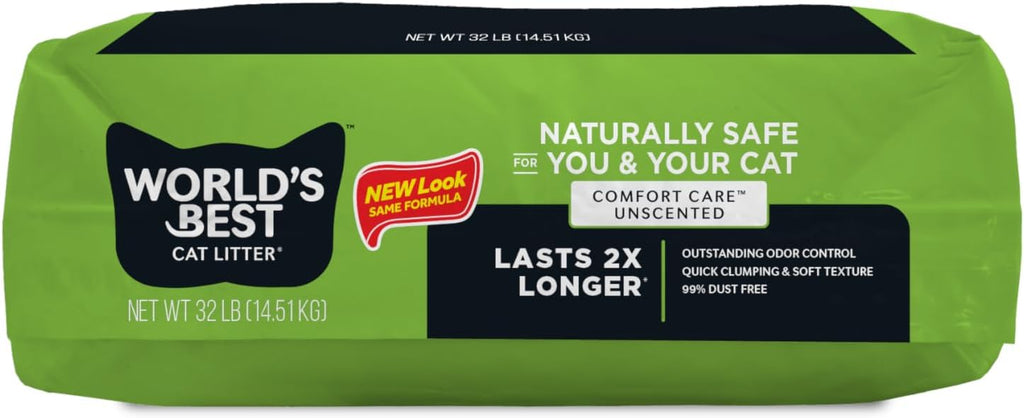 WORLD'S BEST CAT LITTER Comfort Care Unscented, 32-Pounds - Natural Ingredients, Quick Clumping, Flushable, 99% Dust Free & Made in USA - Long-Lasting Odor Control & Easy Scooping-Mewly Pet