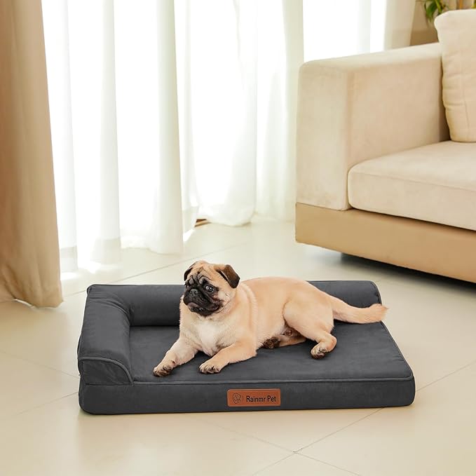 Chew Proof Dog Bed, 3" Memory Foam Dog Bed for Small and Medium Dogs, Removable and Washable Microsuede Cover, Waterproof Liner, Nonskid Bottom, 30x20 Inches S Dark Grey-Mewly Pet