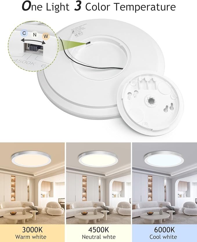hepside 1PACK Flush Mount LED Ceiling Light Fixture Brushed Nickel, 12Inch 28W, Dimmable 3000K-4500K-6000K 3 Color Selectable Ceiling Lamp 3200LM Low Profile Ceiling Light for Kitchen Bedroom Hallway