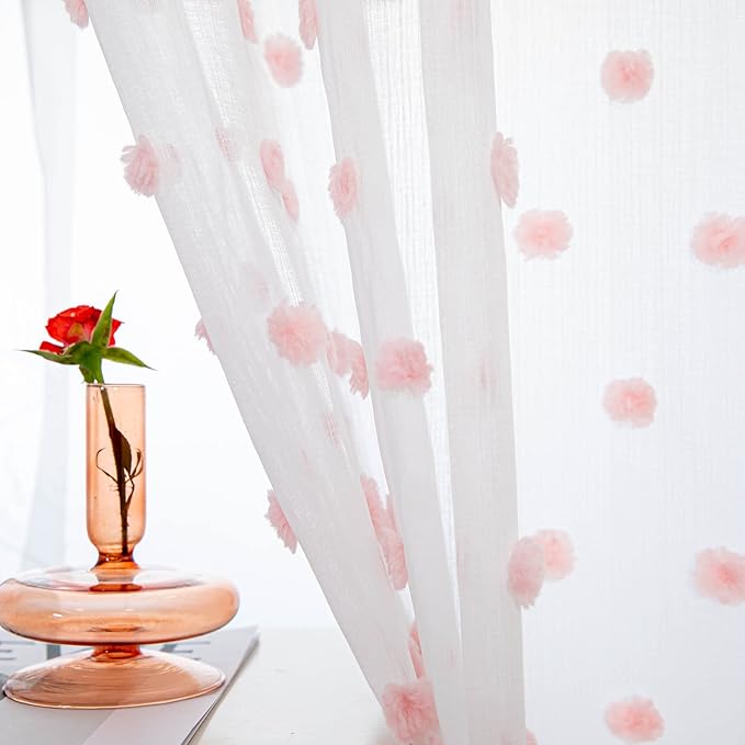 MYSKY HOME 45 Inches Kitchen Curtains Small Window Curtains for Bathroom Cafe Bedroom Pink Pom Pom White Sheer Curtains for Nursery Room Rod Pocket 2 Pieces Drapes 52 x 45 inch Length