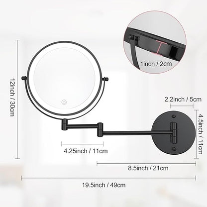 Rechargeable Wall Mounted Lighted Makeup Mirror, 8" Double-Sided Magnifying Vanity Mirror 1X/10X, 3 Color Touch Screen Dimmable Shaving Mirror, 360° Rotation Foldable Bathroom Mirror, Black
