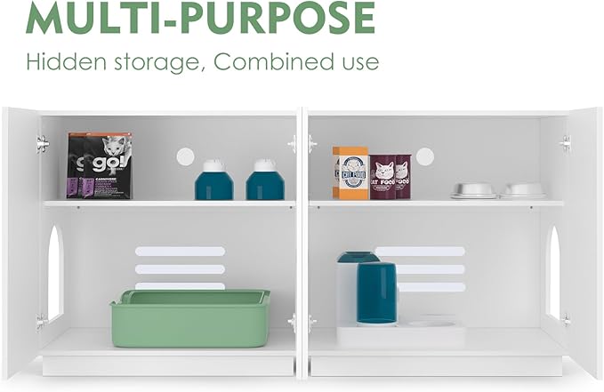 Large/Tall Litter Box Enclosure, Modern Wooden Litter Box Furniture for XL Litterbox with Hidden Storage as Sideboard Cabinet (White)-Mewly Pet