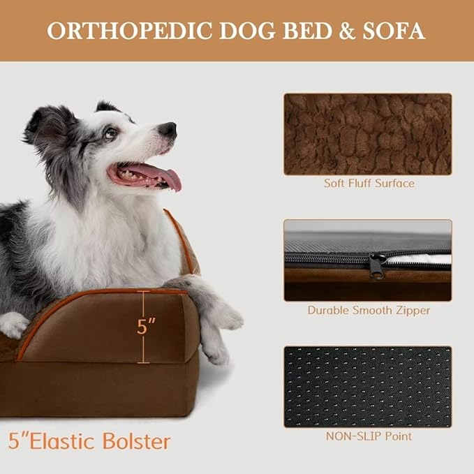 Comfort Expression XL Orthopedic Dog Beds for Extra Large Dogs, Waterproof Dog Bed with Bolster, Washable Dogs Bed Sofa Pet Beds with Removable Cover & Non-Slip Bottom(X-Large,Chocolate Brown)-Mewly Pet