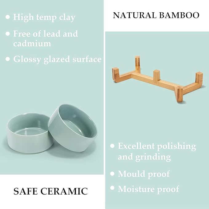 SPUNKYJUNKY Ceramic Dog and Cat Bowl Set with Wooden Stand, Modern Cute Weighted Food Water Set for Small Size Dogs (13.5OZ) & Medium Sized Dogs (28.7OZ) & Cats (3.6 Cups, 2 × Morandi Green)-Mewly Pet