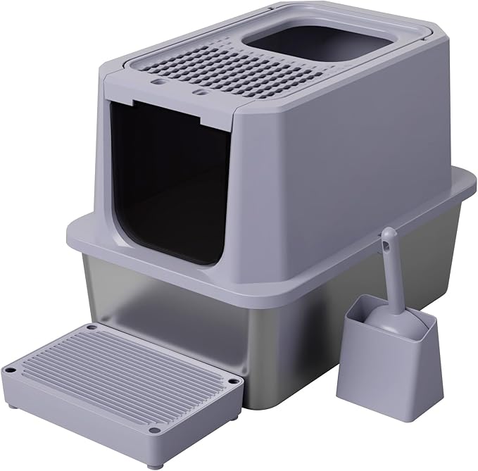 RIZZARI Stainless Steel Cat Litter Box, Odorless Enclosed Litter Box with Top Holes, Large Litter Pan for Small to Large Sized Cats (Cool Gray, 23.8" L*15.9" W*18" H)-Mewly Pet