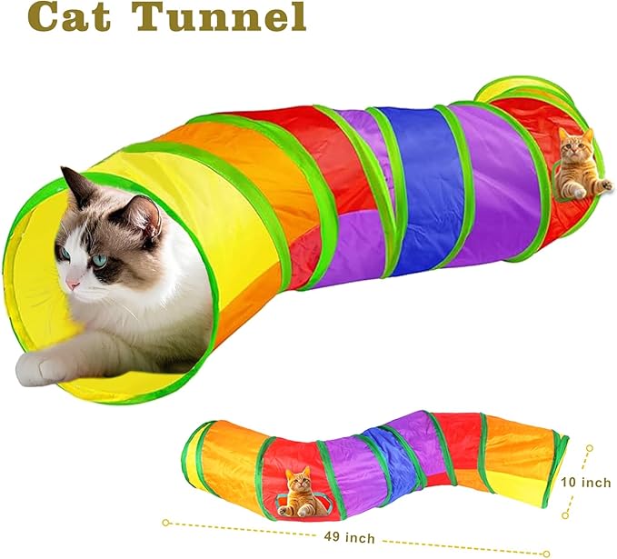 21-Piece Cat Toys Set, Interactive Tunnel, Balls, Mice, Feather Wands, Catnip Toys(Rainbow Cat Tunnel)-Mewly Pet
