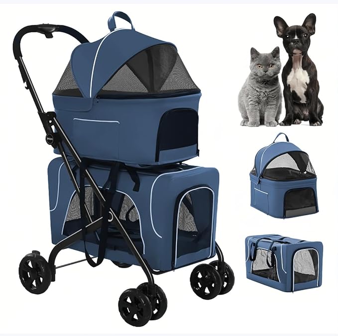 Pet Stroller with 2 Detachable Carriers, Folding Design, Large Capacity for Cats and Small Dogs, Navy, Medium-Mewly Pet