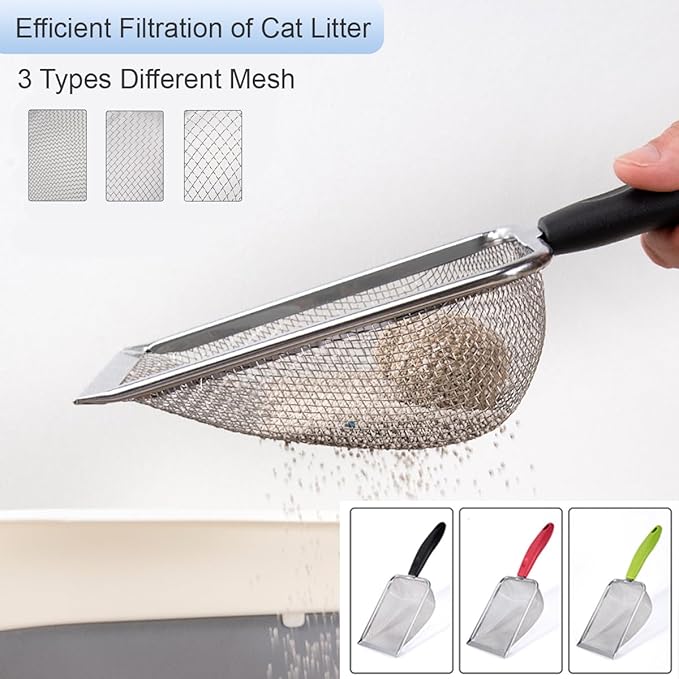 3PCS Cat Litter Scoop, Reptile Stainless Steel Fine Mesh,Litter Cleaner Corner Scoop Sand Sifter (Black-Green-Red)-Mewly Pet