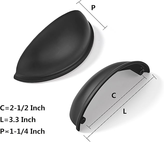 khtumeware 2 Pack 2-1/2" Drawer Pulls Matte Black Cabinet Cup Pulls Kitchen Hardware Cabinet Handles Drawer Handles Knobs 2.5 inch Hole Center