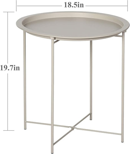 VECELO Side/End Table, Folding Round Metal Anti-Rust and Waterproof Outdoor or Indoor Tray for Living Room Bedroom Balcony and Office, 1 PCS, Grey