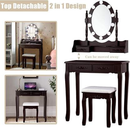 Giantex Makeup Vanity Table with 10 LED Lights, Adjustable Brightness, 3 Color Light Modes, 4 Drawers, Rotatable Mirror, Cushioned Stool, Vanity Desk Dressing Table Bedroom Furniture (Espresso)