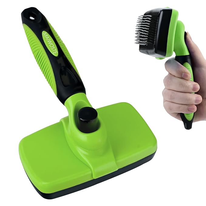 Large Self Cleaning Deshedding Brush for Dogs & Cats - One Button Hair Release Grooming Tool, Gentle Massage Brush for Long and Short Hair (Green)-Mewly Pet