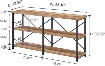 BON AUGURE Console Tables for Entryway, Industrial Sofa Table Behind Couch, 3 Tier Hallway Table for Foyer, Horizontal Bookshelf for Living Room (55 Inch, Vintage Oak)