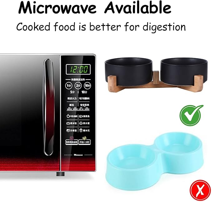 Petygooing Ceramic Dog Cat Bowls Set with Stand,Black Pet Food and Water Bowl,Small Dog Bowls Cute Modern Anti Slip Set of 2 Pet Feeder Small Size Pet Dish(13.5OZ/5.1 in)-Mewly Pet