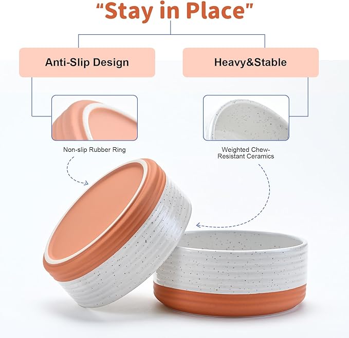 SPUNKYJUNKY Ceramic Dog Bowls 2 Pack, 7.3'' Dog Food Water Double Feeding Bowls Non-Slip for Medium to Large Sized Breed Microwave Dishwasher Safe - 42 OZ, 2pcs, Pattern White-Mewly Pet