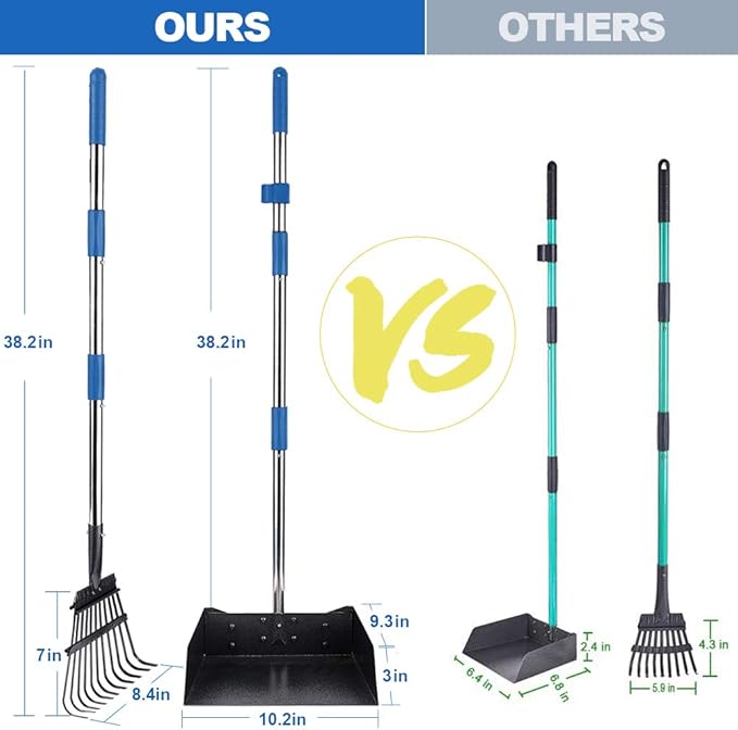 QiMH Upgraded Dog Pooper Scooper Extra Large, Adjustable Long Handle Stainless Metal Pet Poop Tray and Rake Set for Large Medium Small Dogs, Dog Waste Removal Bin Rake, Great for Grass, Street, Gravel-Mewly Pet