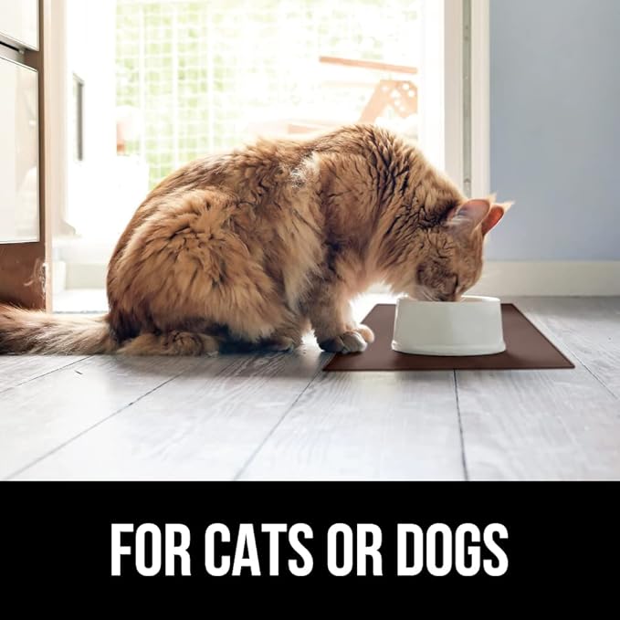 GORILLA GRIP 100% Waterproof Raised Edge BPA Free Silicone Pet Feeding Mat, Dog Cat Food Mats Contain Spills Protects Floors, Placemats for Cats and Dogs Water Bowl, Pets Accessories 16x10, Brown-Mewly Pet