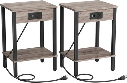 VIMBER Set of 2 End Table with Charging Station, Narrow Side Table with USB Ports and Outlets, Nightstands with 2-Tier Storage Shelves, Sofa Table for Small Space Living Room Bedroom, Greige