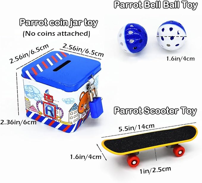 6pcs Interactive Puzzle Toy Set for Small Parrots - Training, Stress Relief, Include Coin Box, Bell Ball, Skateboard & Ferrule Toy for Bird Budgies, Cockatiels, Parakeet etc-Mewly Pet