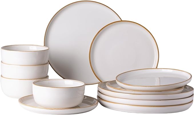 GBHOME Ceramic Dinnerware Sets for 4, 12 Pieces Stoneware Plates and Bowls Sets, Scratch Resistant Dishes, Dishwasher & Microwave Safe, Reactive Glaze-White-Mewly Pet