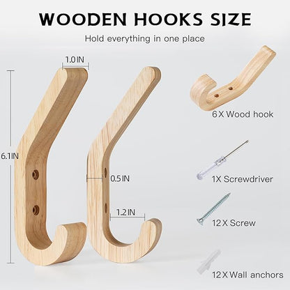 Wooden Coat Hooks for Wall,6 Pack Wall Mounted Natural Wood Hooks,Modern Decorative Oak Wall Pegs for Mudroom,Heavy Duty Hat Hanger Hooks for Hanging Coats, Backpack,Towels,Purse