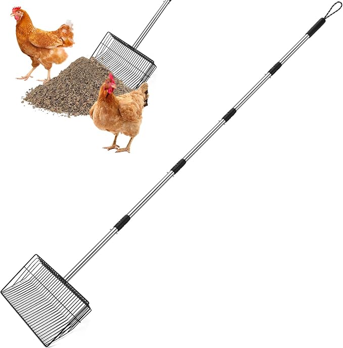 SlowTon 10-inch Large Chicken Poop Scooper - 5 in 1 Multifunctional Chicken Litter Scoop with 35 to 67in Stainless Steel Handle, Heavy Duty Chicken Coop Cleaning Tool Litter Sifting Shovel-Mewly Pet