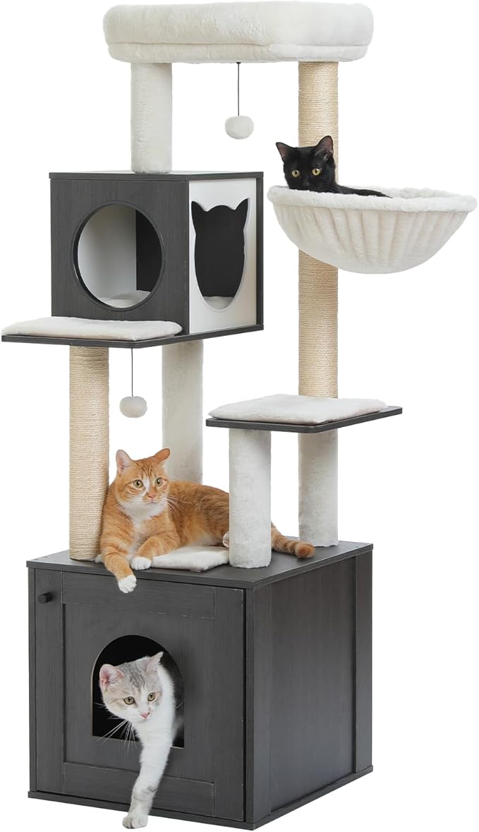 PEQULTI 57.5" Cat Tree with Litter Box Enclosure Large, Wood Cat Tower for Indoor Cats with Storage Cabinet and Cozy Cat Condo, Sisal Covered Scratching Post and Repalcable Dangling Balls, Black-Mewly Pet