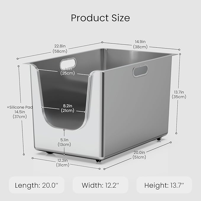 Stainless Steel Litter Box 13.7'' High Sides, XL Metal Cat Litter Box with Curved Low Entry, Cat Litter Pan for Big & Multiple Cats, Pet Toliet with Handy Wheels for Easy Moving-Mewly Pet