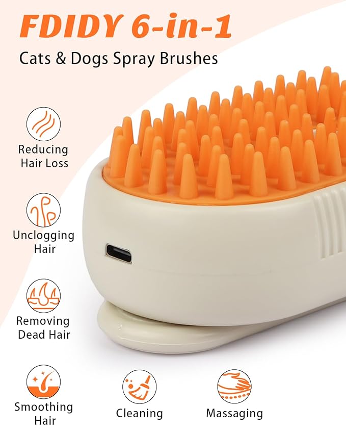 6 in 1 Cat Steam Brush for Shedding, Portable Anti-Static Grooming Comb for Cats & Dogs, Steam Misting Water Brush, Self-Cleaning Pet Hair Remover, Indoor Cat Spray Brushes for Cats & Dogs-Mewly Pet