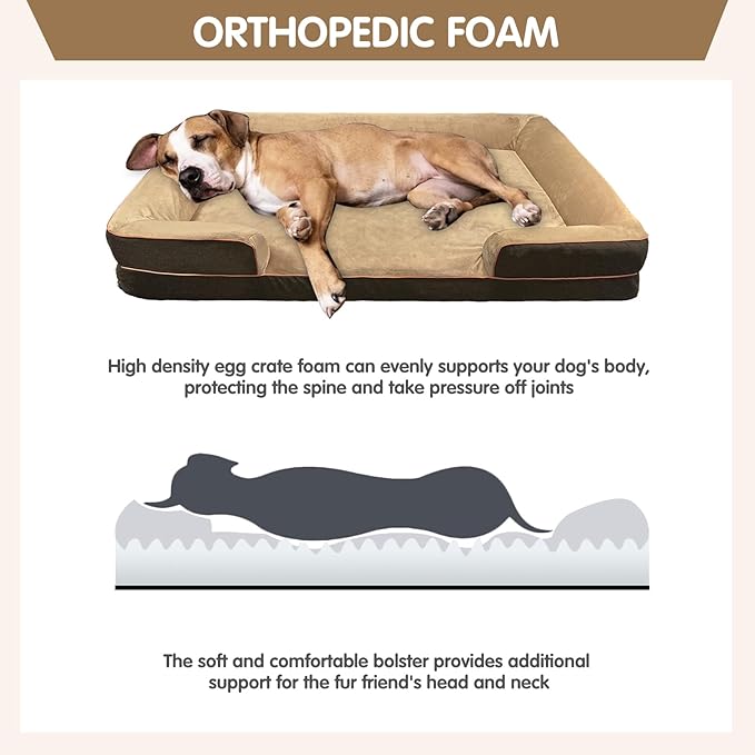 Dog Beds for Large Sized Dogs,Washable Orthopedic Memory Foam Dog Couch Sofa Bed with Bolster,Removable Cover,42x30Inch,Brown-Mewly Pet