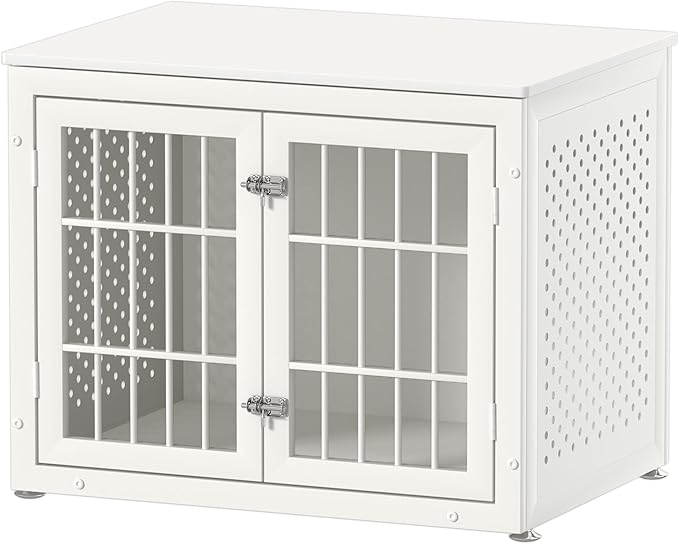 32" Heavy Duty Dog Crate Furniture for Small and Medium Dogs, Metal Kennel for High Anxiety Dogs, Chew Proof Pet Cage Indoor, Decorative Dog Kennel End Table, White-Mewly Pet