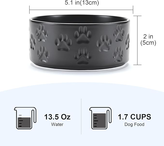 SPUNKYJUNKY Ceramic Dog and Cat Bowls 2 Pack, 5.1'' Dog and Cat Food Water Double Feeding Bowls Non-Slip for Cats and Puppy Small Sized Breed Dogs Microwave Dishwasher Safe - 13.5 OZ, 2pcs, Paw Black-Mewly Pet