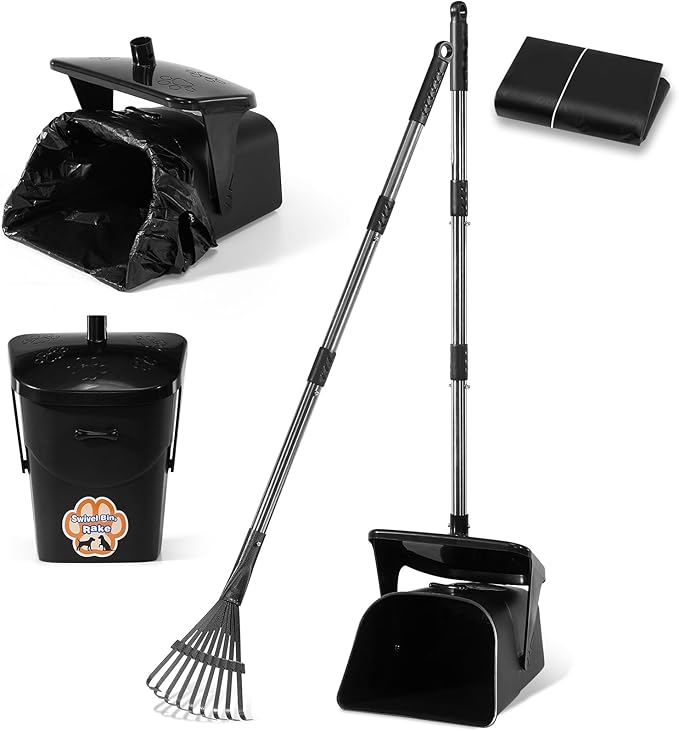 Stainless Steel Dog Pooper Scooper,40" Long Handle Swivel Bin and Rake,20 Waste Bags - Heavy Duty Portable Metal Poop Scooper for Large,Medium and Small Dogs-Mewly Pet