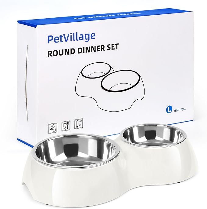 Elevated Dog Bowls Set - Non-Slip Raised Pet Feeder with Medium (10 oz) & Large (20 oz) Stainless Steel Bowls - Includes Durable Resin Stand for Puppies, Adult Dogs & Cats - White-Mewly Pet