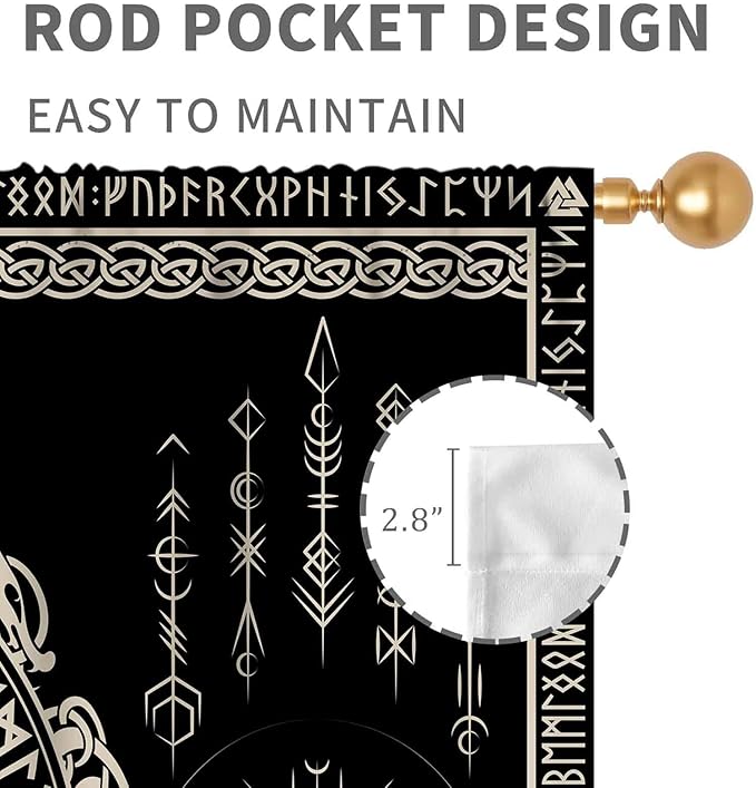 Viking Curtains, Nordic Tree of Life Celtic Rune Scandinavian Gothic Norse Mythology Aesthetic Retro Drapery for Bedroom Living Room Bathroom Window 2 Panel Set, 55"x63" Inch