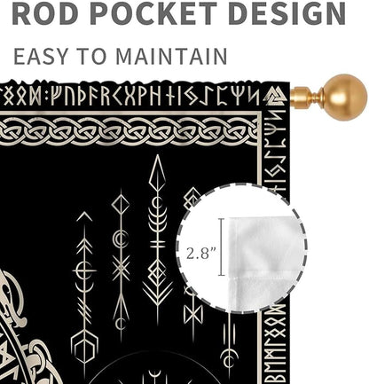 Viking Curtains, Nordic Tree of Life Celtic Rune Scandinavian Gothic Norse Mythology Aesthetic Retro Drapery for Bedroom Living Room Bathroom Window 2 Panel Set, 55"x63" Inch