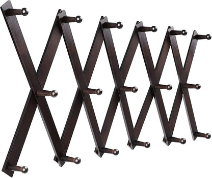 Homode Accordion Wall Hanger, Hat Hangers Wall Mounted, Wood Accordian Coat Rack with 17 Hooks, Expandable Peg Rack Wall Organizer for Hanging Baseball Caps, Hats, Purse, Coffee Cup, Bag, Walnut