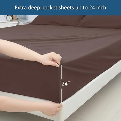 King Size Sheets Set for Air Mattress - Deep Pocket King Sheet Set - 3Pcs Side Storage Pocket Fitted Sheet & Pillowcases Easily Fits 16in to 24in Pillow Top Air Bed Mattress - Brown