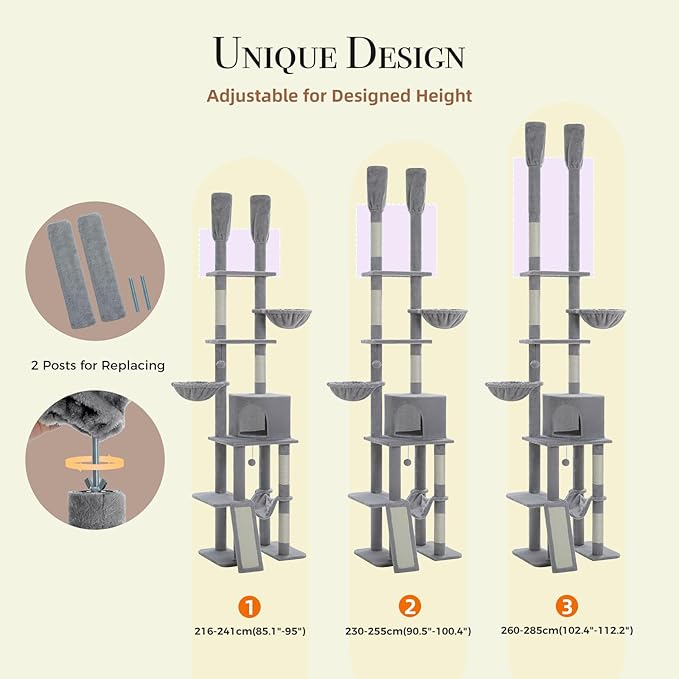 PAWZ Road Tall Cat Tree, Floor to Ceiling Cat Tower with Adjustable Height(85-112 Inches), 7 Tiers Climbing Tower with Cozy Hammocks, 5 Platforms and Scratching Posts for Indoor Cats-Gray-Mewly Pet