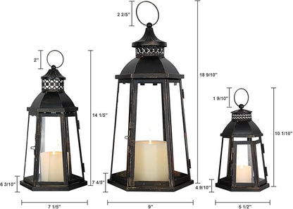 DECORKEY 19’’&16’’&8’’ Lanterns Decorative Outdoor & Indoor, Large Lantern for Front Porch, Metal Frame Candle Holders with Glass, Vintage Patio, Pathway, Balcony, Garden, Yard Decor