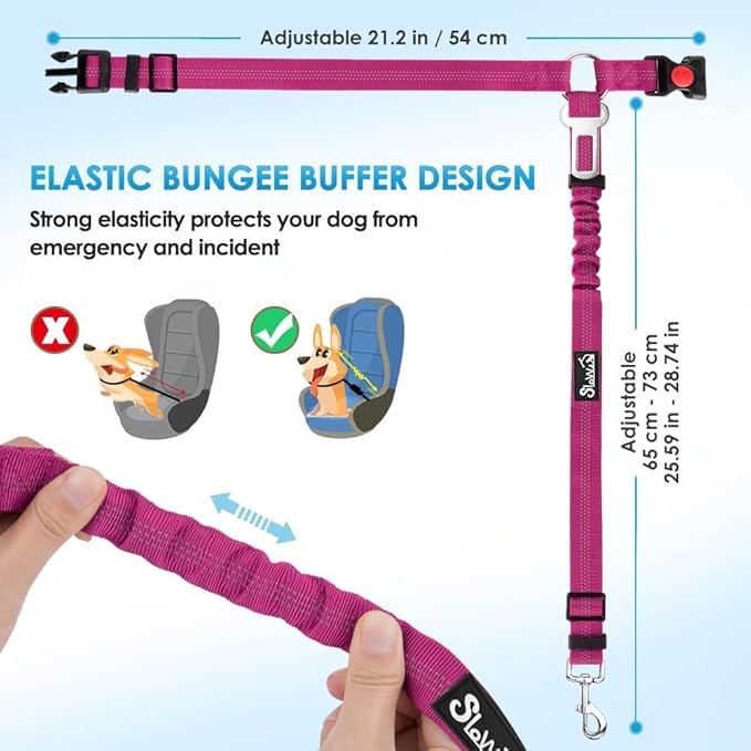 SlowTon Dog Seat Belt, 2 Pack Harness Seatbelt Adjustable With Elastic Bungee Buffer, 2 in 1 Pet Car Leash Headrest Restraint Reflective Safety Tether (Fushia, Dual Restraint)-Mewly Pet