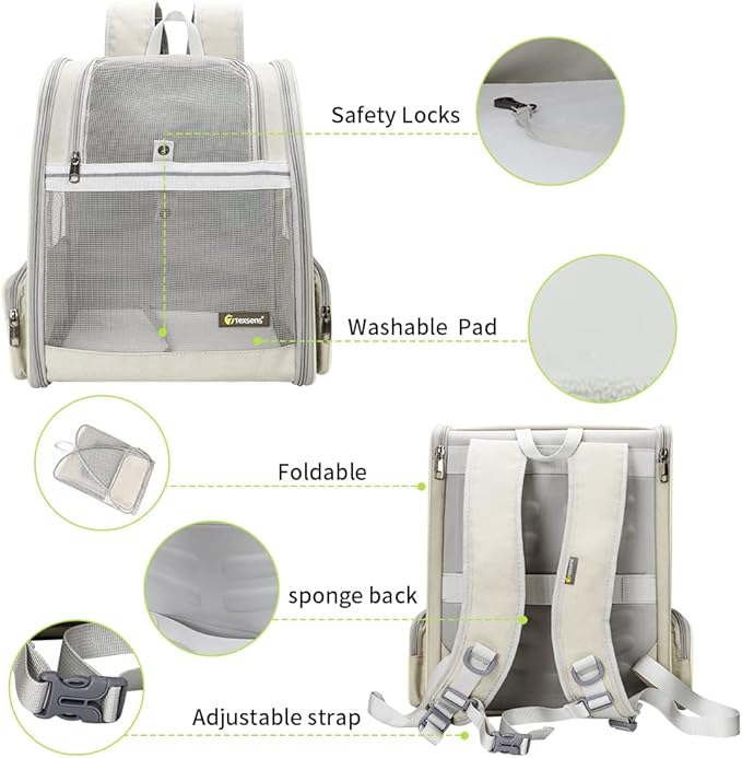 Texsens Pet Backpack Carrier for Small Cats Dogs | Ventilated Design, Safety Straps, Buckle Support, Collapsible | Designed for Travel, Hiking & Outdoor Use (Creamy White)-Mewly Pet
