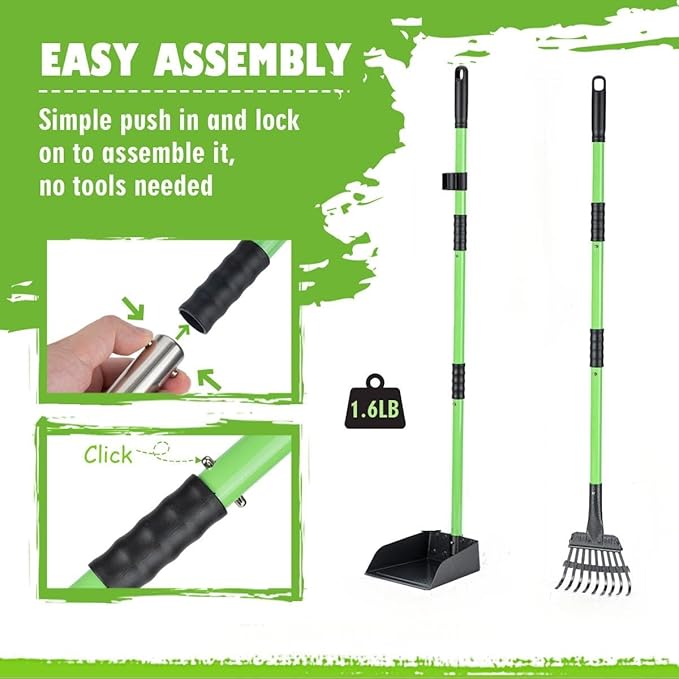MXF Dog Pooer Scooper Set, 2 in 1 Pet Poop Scooper with Long Handle 28" Dog Poop Picker Upper and Stainless Metal Tray & Rake for Medium & Small Dogs, Heavy Duty for Grass, Dirt, Gravel-Mewly Pet