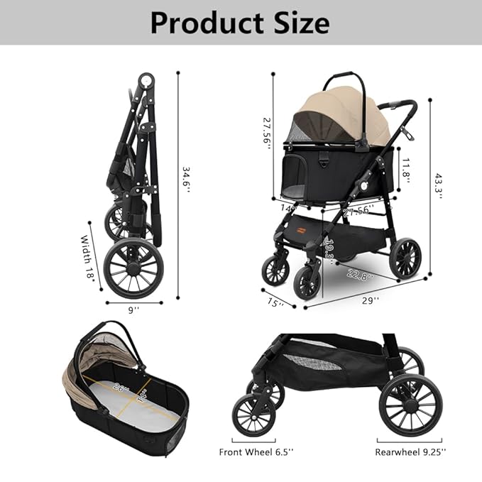 Dog Cat Stroller, Foldable 4 Wheels Dog Stroller for Small Medium Dogs 20 lbs,Pet Strollers for Large Dogs 50lbs, Stable Anti-Shock Detachble Carrier,with 360°Swiveling Front Wheel forTravel-Mewly Pet