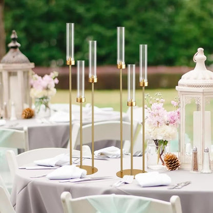 Vincidern 10pcs Gold 3 Arm Candelabra Taper Candle Holder for Table Centerpieces, 34in Tall Metal Candlestick Holder with Acrylic Lampshade for Wedding,Party,Holiday Christmas, Halloween Candelabra