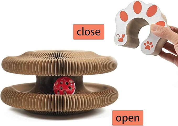 Kitty Curls Cat Toy Kurlz, Interactive Scratch Pad, Foldable Accordion,Cat Recyclable Scratcher with Ball (Pink)-Mewly Pet