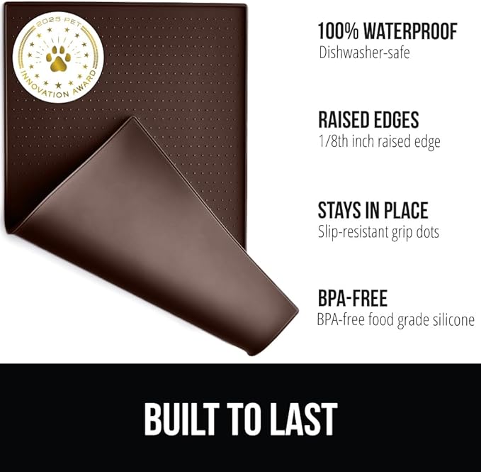GORILLA GRIP 100% Waterproof Raised Edge BPA Free Silicone Pet Feeding Mat, Dog Cat Food Mats Contain Spills Protects Floors, Placemats for Cats and Dogs Water Bowl, Pets Accessories 16x10, Brown-Mewly Pet