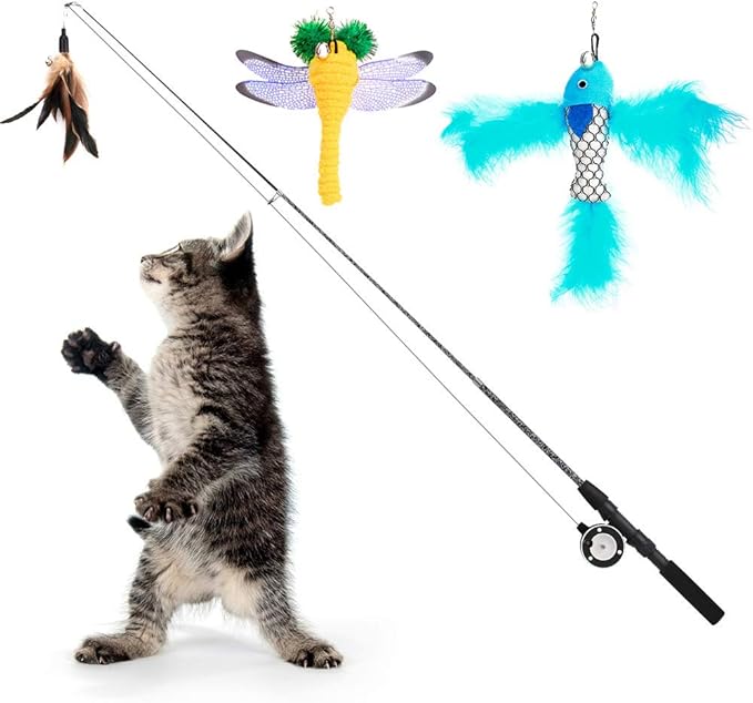 Pawaboo Cat Feather Toys, 4 Pack Interactive Cat feather Teaser Wand Toys, Retractable Fishing Pole Wand Catcher Exerciser with Refill Fish, Dragonfly Worm with Bells, Fun Cat Kitten Kitty Playing Toy-Mewly Pet